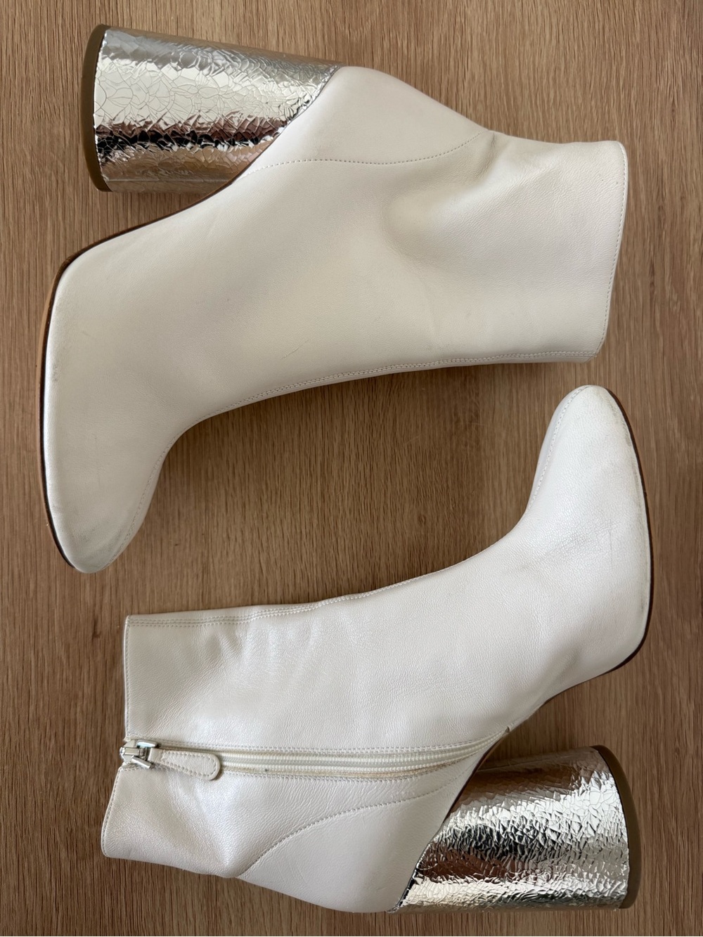 Emporio Armani White Leather Ankle Boots with Textured Silver Block Heel